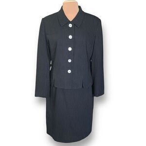 Vintage 90s Suit Set Pinstripe Printed Black Jacket Tailored Pencil Skirt 14